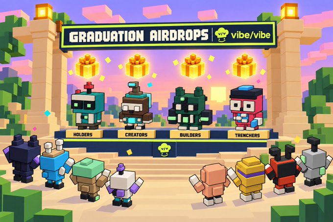 A pixel-art style Minecraft-esque illustration for 'Graduation Airdrops' featuring four blocky characters labeled 'Holders', 'Creators', 'Builders', and 'Trenchers' standing on a stage with gift boxes above them, while other characters watch from below, branded with 'VIV vibe/vibe'.