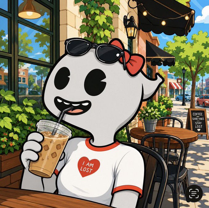 A cartoon ghost character wearing sunglasses, a red bow, and a white shirt reading 'I AM LOST' holds an iced coffee at an outdoor cafe with a chalkboard sign reading 'COFFEE GOOD VIBES STAY LOST'.