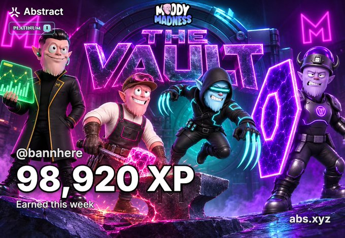 A "Moddy Madness" themed graphic shows user "@bannhere" earning "98,920 XP" for "Earned this week".