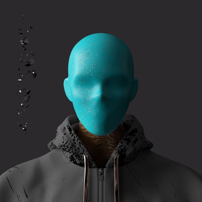 A 3D-rendered figure with a turquoise, faceless head and a gray hoodie stands against a dark background, with fragmented black shards floating to the left.