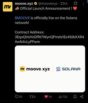 The image shows a screenshot of a Twitter post where a post has been made about Moove being live on the Solana network, with some text and a link. The post also discusses potential security concerns related to an account that appears to be compromised. The account is described as having a name tag that reads "@moove". In addition to the main Twitter post, there is another post that says "Moove xyz" on it. This suggests that the Twitter user who created both posts might have been attempting to share information about the compromised account with others or provide guidance regarding how to handle the situation.