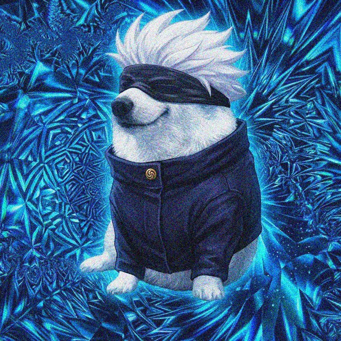 An illustration depicts a dog resembling Gojo Satoru from Jujutsu Kaisen, with white spiky hair, a blindfold, and a black uniform, set against a blue crystalline background.