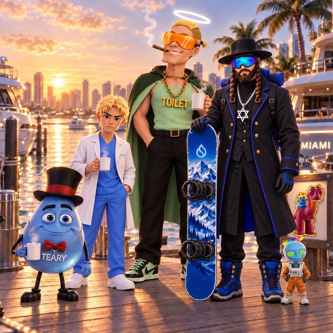 A vibrant 3D animated illustration of four stylized characters, including a blue egg-shaped figure wearing a top hat with a "TEARY" necklace, standing on a wooden pier by a marina at sunset.