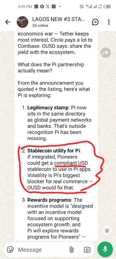 The image displays a Telegram message in the "LAGOS NEW #3 STA..." group discussing Pi Network's partnership with Circle, highlighting how a compliant USD stablecoin (OUSD) could address Pi's volatility problem for real-world commerce. The screenshot relates to the post by emphasizing Pi's compliance focus and ecosystem legitimacy, countering speculation that Pi would block accounts or restrict transfers.