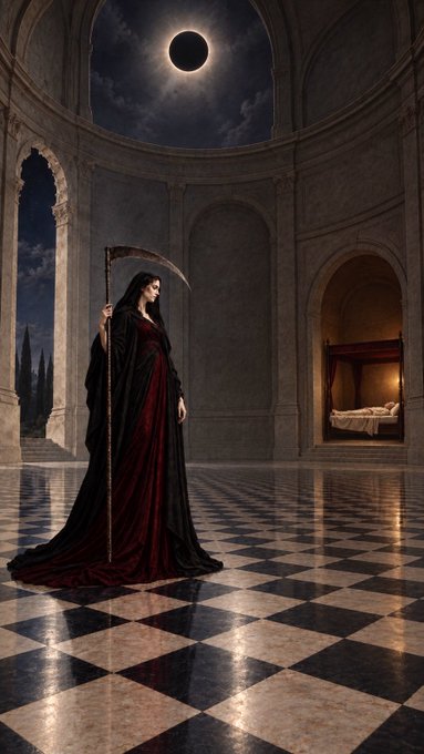 A dark, atmospheric painting of a woman in a flowing black and red gown holding a scythe, standing in an ornate domed chamber with a checkered floor under a solar eclipse.