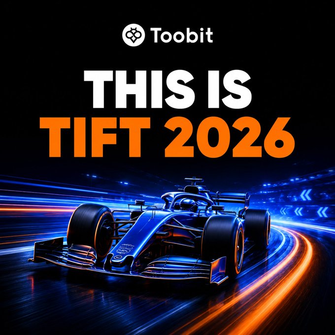A sleek blue race car streaks across the image with the Toobit logo and bold text reading "THIS IS TIFT 2026," visually capturing the high-speed trading tournament concept where users compete for a 3,000,000 USDT prize pool.