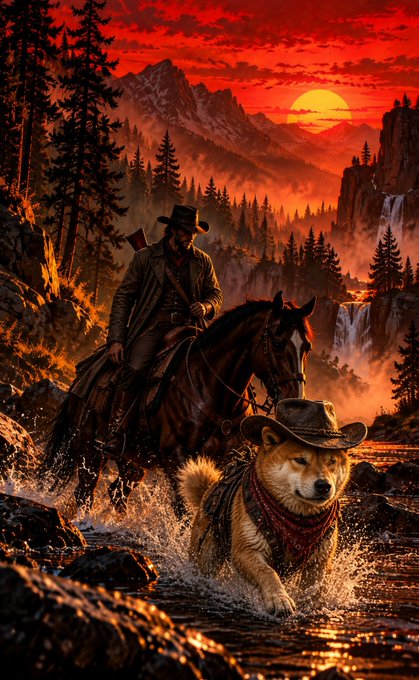 Digital fantasy artwork of a cowboy on horseback alongside a dog wearing a cowboy hat and bandana, splashing through water in a forest setting under a dramatic red sunset.