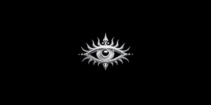 A stylized silver eye emblem with ornate, flame-like detailing radiates against a black background, evoking a watchful or mystical aesthetic. It complements the post's theme of an NFT collection by artist @JustJay4k, whose algorithmic code-based creatures are highlighted as a unique arrival on @0xNTRPY's radar.