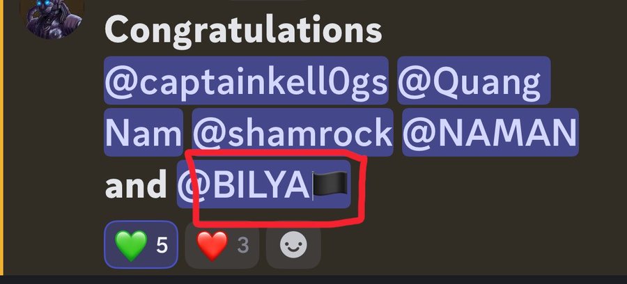 A Discord message congratulating users @captainkell0gs, @Quang Nam, @shamrock, @NAMAN, and @BILYA (circled in red with a flag emoji), showing 5 green hearts and 3 red hearts as reactions.