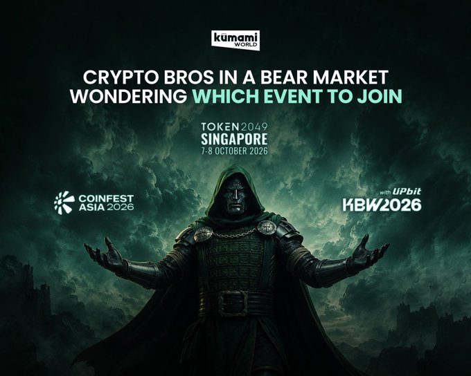 A hooded, masked figure with outstretched arms stands against a moody green sky, visually conveying indecision, as the headline "CRYPTO BROS IN A BEAR MARKET WONDERING WHICH EVENT TO JOIN" highlights three upcoming crypto conferences: Token2049 Singapore (7-8 October 2026), Coinfest Asia 2026, and KBW2026 with Upbit—directly illustrating the travel itinerary mentioned in the caption.