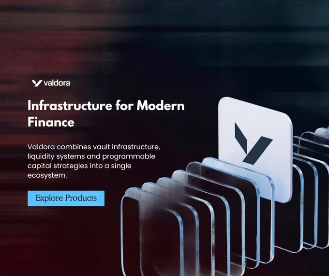 A website hero banner for 'valdora' with the headline 'Infrastructure for Modern Finance' and description 'Valdora combines vault infrastructure, liquidity systems and programmable capital strategies into a single ecosystem,' alongside an 'Explore Products' button.