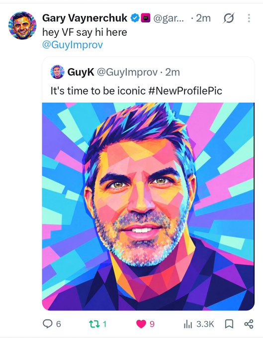 A screenshot of a Twitter/X post by Gary Vaynerchuk (@gar...) quoting GuyK (@GuyImpro) with the text 'hey VF say hi here' and 'It's time to be iconic #NewProfilePic', featuring a colorful geometric-style illustrated portrait of a smiling man.