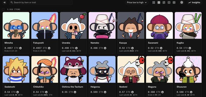An NFT marketplace showing cartoon-style monkey avatars with names and ETH prices, including characters like Mimosa, Fukuyoshi, Ururaka, Nanako, Kazuya, and Sazanami.