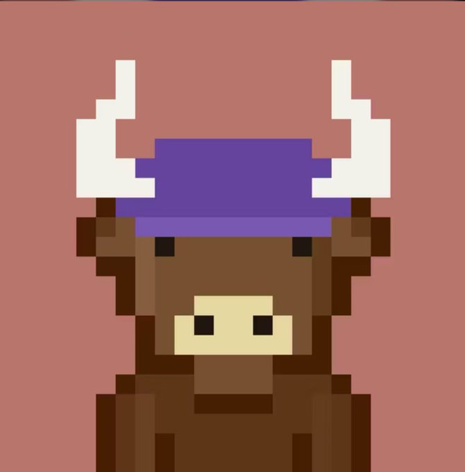 A pixel art portrait of a brown bull character wearing a purple Viking-style horned helmet, serving as the mascot image for the $BULLTOSHI06 NFT giveaway promotion.