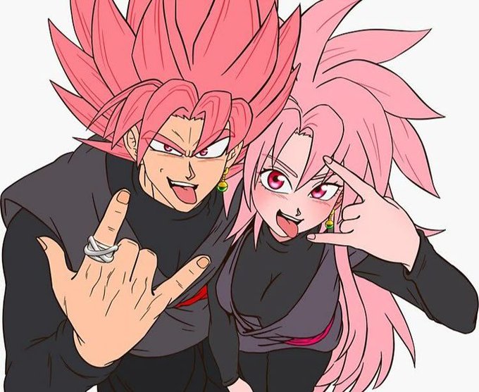 An anime illustration of Goku Black and a female character, both with pink hair and red eyes, wearing black outfits and posing energetically with peace signs and hand gestures toward the viewer.