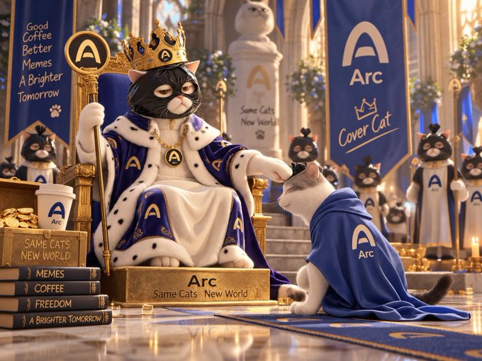 A whimsical digital illustration of cats dressed as royalty, with a central crowned cat on a throne holding a staff, surrounded by banners reading "Arc", "Cover Cat", "SAME CATS NEW WORLD", and "Good Coffee Better Memes A Brighter Tomorrow".