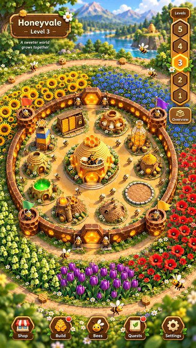 A colorful game screenshot showing 'Honeyvale - Level 3' with the description 'A sweeter world grows together,' featuring an isometric view of a beehive village surrounded by flowers.