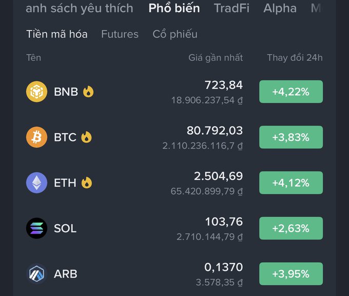 A cryptocurrency market dashboard in Vietnamese shows popular coins with their prices and 24-hour changes, including BNB at 723.84 (+4.22%), BTC at 80,792.03 (+3.83%), ETH at 2,504.69 (+4.12%), SOL at 103.76 (+2.63%), and ARB at 0.1370 (+3.95%).