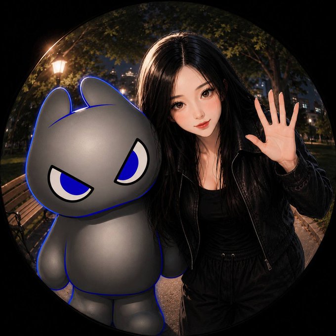 A young woman with long black hair waves at the camera in a nighttime park setting, standing next to a dark gray cartoon mascot character with striking blue eyes and a glowing blue outline. The image appears to accompany a post about giving up on securing a whitelist (WL) spot for a project, with the cute character perhaps symbolizing the hopeful but ultimately disappointed enthusiasm of trying to join.