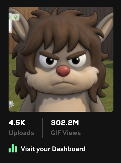 An angry brown furry creature with small horns, showing 4.5K Uploads and 302.2M GIF Views, with a 'Visit your Dashboard' link below.