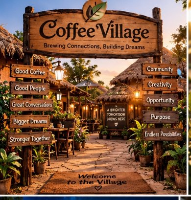A rustic welcome sign for 'Coffee Village - Brewing Connections, Building Dreams' listing values like Good Coffee, Good People, Community, Creativity, Opportunity, Purpose, and Endless Possibilities in a thatched-roof village setting.