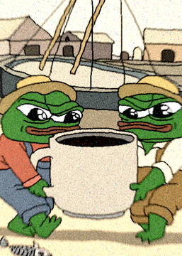 A low-resolution illustration of two green cartoon frogs wearing hats and clothes, cooperatively holding a large grey pot with chopsticks.
