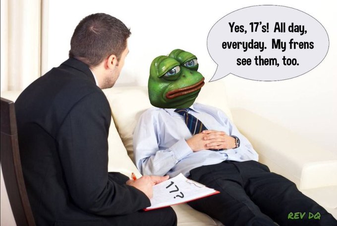 A Pepe the Frog meme with a speech bubble saying 'Yes, 17's! All day, everyday. My frens see them, too.' is shown on a therapist's client, who is being interviewed by a man holding a clipboard with '17?' written on it.
