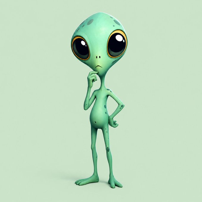 A 3D-rendered cartoon alien character with green skin, large black eyes, and dark spots, standing in a thoughtful pose with one finger on its chin against a plain light green background.