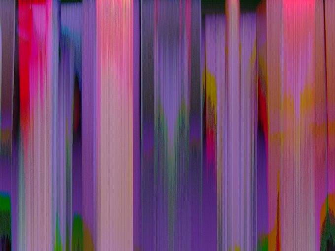 An abstract image with vertical streaks of purple, pink, green, and other colors, appearing as blurred digital artifacts or a glitch.