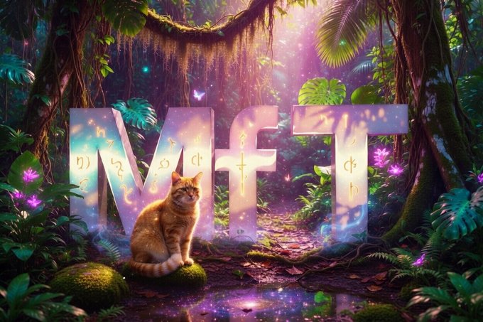 A vibrant digital artwork of a magical forest with glowing 'MFT' letters, featuring an orange tabby cat sitting on a mossy rock among lush foliage and purple flowers.