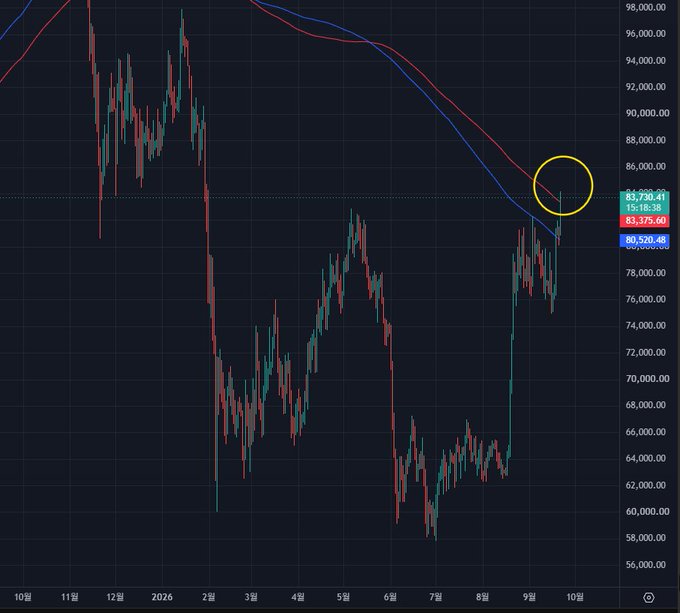 A Bitcoin price chart showing a downward trend from October 2025 to October 2026, with a yellow circle highlighting the current price near $83,000 with moving averages crossing.