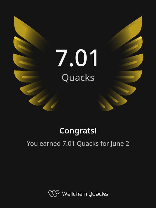 The image features a poster with an illustration of a bird's wing, which has gold accents and the number "7.01" written below it. The text above the bird's wing reads "Congratulations! You earned 7.01 Quacks for June 2". This suggests that the poster is related to a gaming event or achievement where the player has successfully completed a task or reached a milestone in the game, resulting in them earning Quacks as a reward.