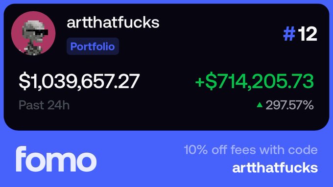 A screenshot of a crypto portfolio tracker showing the user 'artthatfucks' with a portfolio value of $1,039,657.27 and a 24-hour gain of +$714,205.73 (297.57%) on the Fomo app, with a promo code 'artthatfucks' for 10% off fees.
