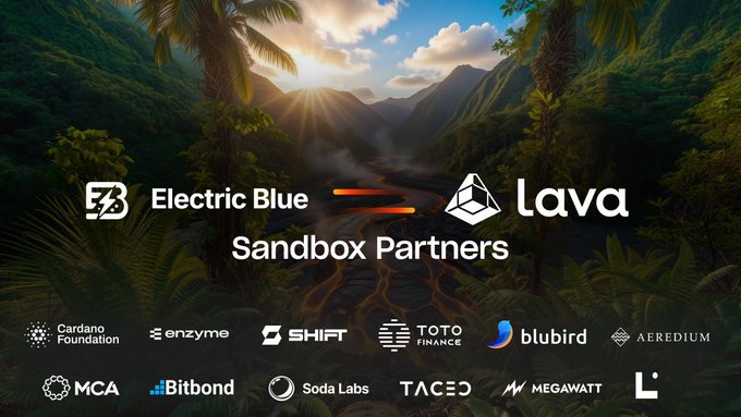 The image showcases "Electric Blue" and "Lava" as "Sandbox Partners," surrounded by a vibrant tropical landscape with logos of collaborators including Cardano Foundation, Enzyme, Shift, Toto Finance, Blubird, Aerodium, MCA, Bitbond, Soda Labs, Taced, and Megawatt. The partnership between Lava's multi-chain RPC infrastructure and Electric Blue illustrates the message that reliable, always-on connectivity is essential for bringing grid infrastructure on-chain without dropping during peak trading or network congestion.