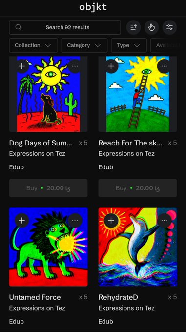 A screenshot of the objkt NFT marketplace showing colorful artwork listings including 'Dog Days of Summer' and 'Untamed Force' by Edub priced at 20.00 tz.