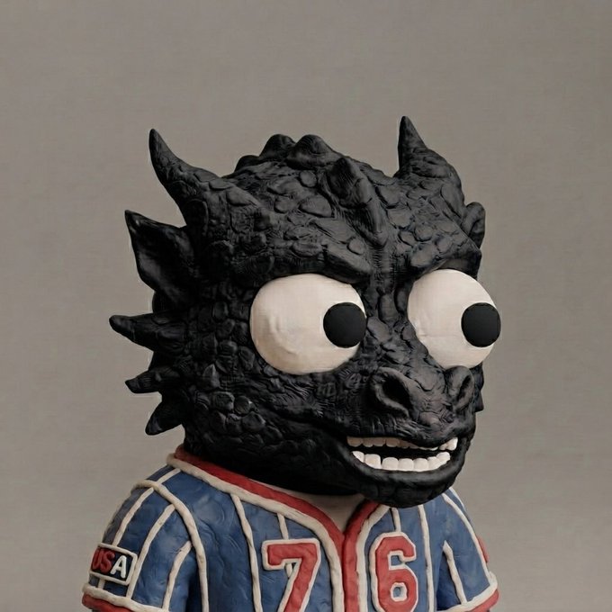 A claymation-style figurine of a black, spiked, dragon-like creature with large bulging white eyes and a toothy grin wears a blue and red pinstriped baseball jersey displaying the number "76" and a "USA" patch on the sleeve, likely representing a promotional character for an NFT stealth launch collection dropping on OpenSea.