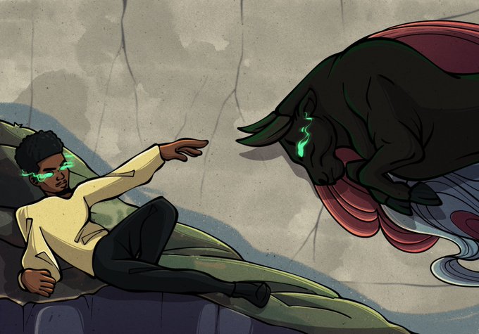 An animated illustration showing a young person with glowing green glasses reclining on a cushion, reaching out toward a large dark wolf-like creature with green glowing eyes lying across from them.