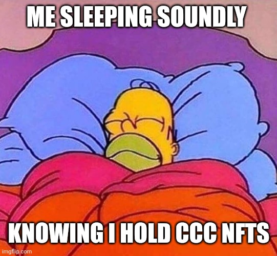 A Simpsons meme shows Homer Simpson sleeping peacefully in bed with text reading 'ME SLEEPING SOUNDLY' at the top and 'KNOWING I HOLD CCC NFTS' at the bottom.