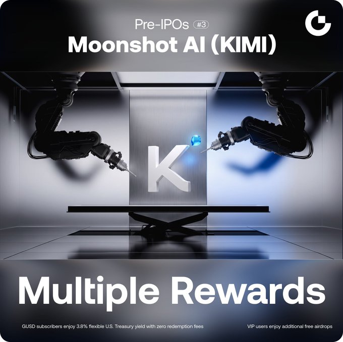 A promotional graphic titled 'Pre-IPOs Moonshot AI (KIMI) Multiple Rewards' shows robotic arms in a futuristic setting, mentioning that GUSD subscribers enjoy 3.8% flexible U.S. Treasury yield and VIP users enjoy additional free airdrops.