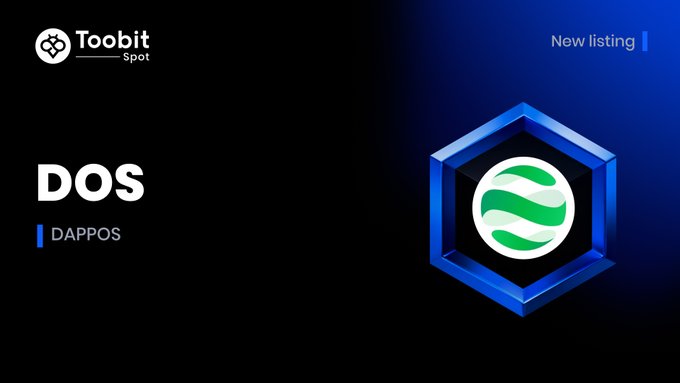 A Toobit Spot cryptocurrency exchange listing announcement featuring 'DOS' by 'DAPPOS' with a green and white logo displayed inside a blue hexagonal frame on a dark background.