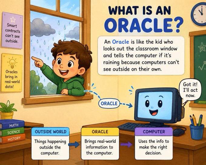 The image features a cartoon boy looking out of a window at an Oracle computer monitor, which has a smiley face on its screen. The Oracle computer is located next to a desk with several books and a potted plant nearby. The caption for the image reads "What is an Oracle? An Oracle is like the kid who looks out the classroom window and tells the computer if it' s raining because computers can't see outside on their own".