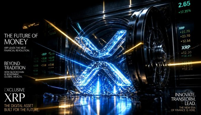 A futuristic XRP promotional poster featuring a glowing blue X symbol, with the tagline 'THE FUTURE OF MONEY' and price tickers showing XRP at 21.70 (+23.10), 12.59, and other values.