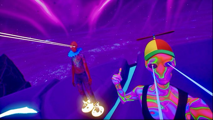 Two neon-colored figures with laser eyes and propeller hats stand in a vibrant purple cosmic landscape.