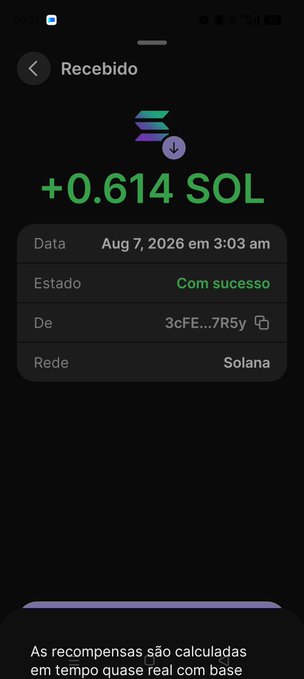 A smartphone screenshot showing a successful cryptocurrency transaction of '+0.614 SOL' received on the Solana network on August 7, 2026.
