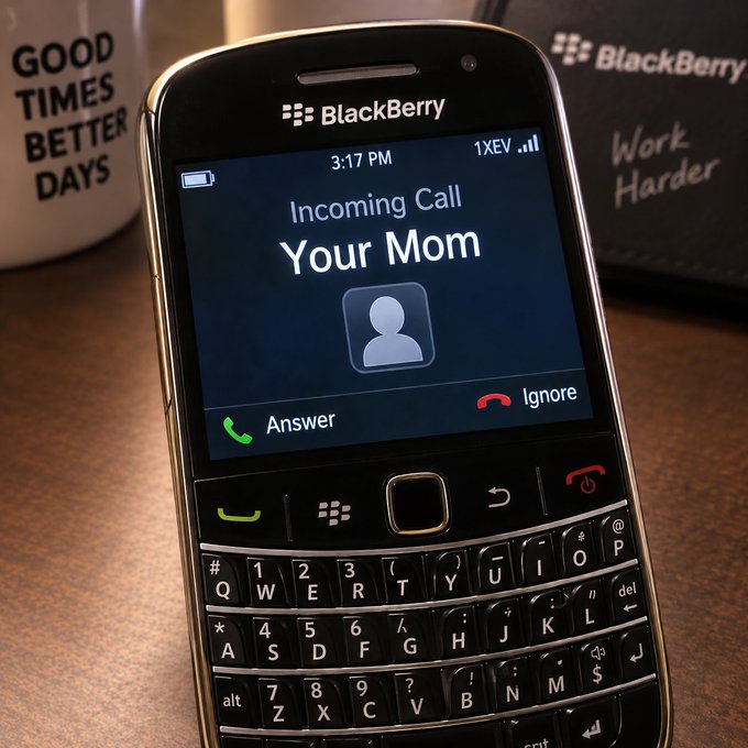 A BlackBerry smartphone displays an incoming call from 'Your Mom' at 3:17 PM, with options to 'Answer' (green) or 'Ignore' (red). A mug reading 'GOOD TIMES BETTER DAYS' and a BlackBerry-branded 'Work Harder' notebook are visible on the wooden surface beside it.