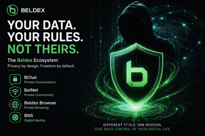 Marketing graphic for Beldex cryptocurrency ecosystem with the slogan 'YOUR DATA. YOUR RULES. NOT THEIRS.', promoting private tools including BChat, BelNet, Beldex Browser, and BNS Digital Identity, featuring a hooded figure behind a green shield logo.