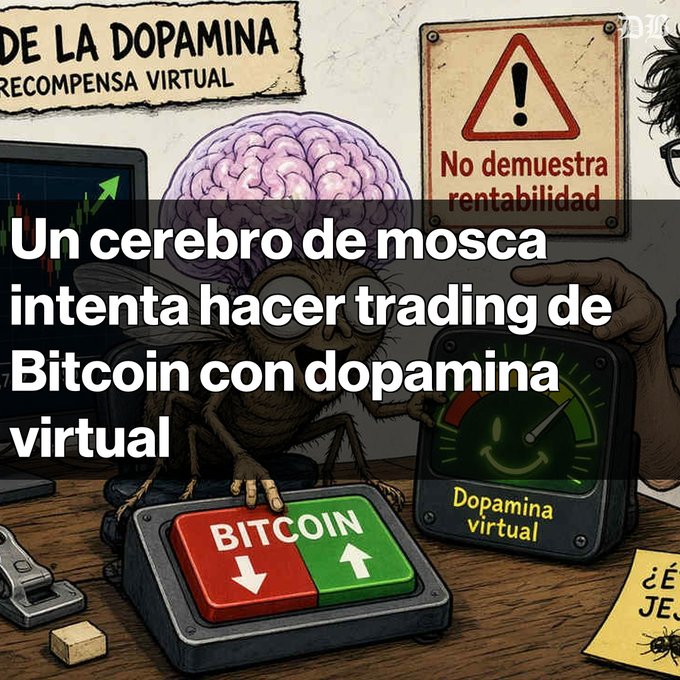 A cartoon illustration of a fly with a brain visible on top, pressing buttons on a "BITCOIN" panel, with a warning sign reading "No demuestra rentabilidad" and overlaid Spanish text "Un cerebro de mosca intenta hacer trading de Bitcoin con dopamina virtual".
