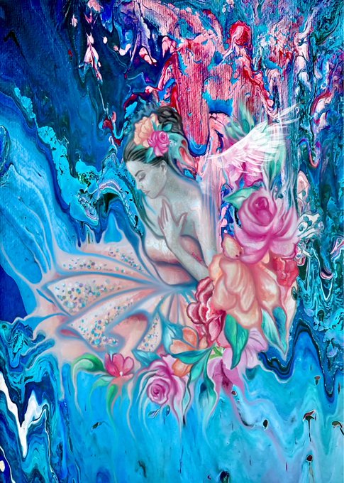 A vibrant, dreamlike painting featuring a serene female figure adorned with pink flowers in a flowing, watery background of swirling blues, teals, and pinks.