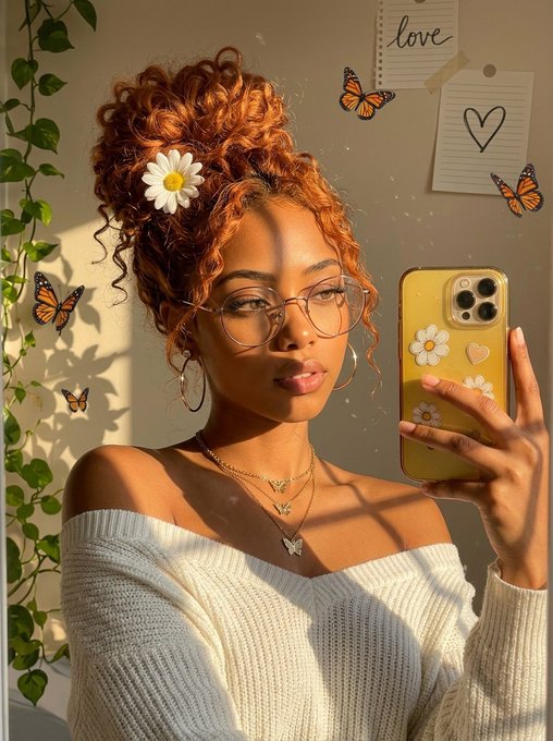 A woman with curly red hair styled in a bun adorned with a daisy takes a mirror selfie with a yellow daisy-decorated phone case, surrounded by butterflies, green vines, and notes reading "love" and a heart doodle. The image ties to the "gm gm" Wednesday post by capturing a cheerful, optimistic vibe fitting the "let's finish strong" message for NomismaNetwork.
