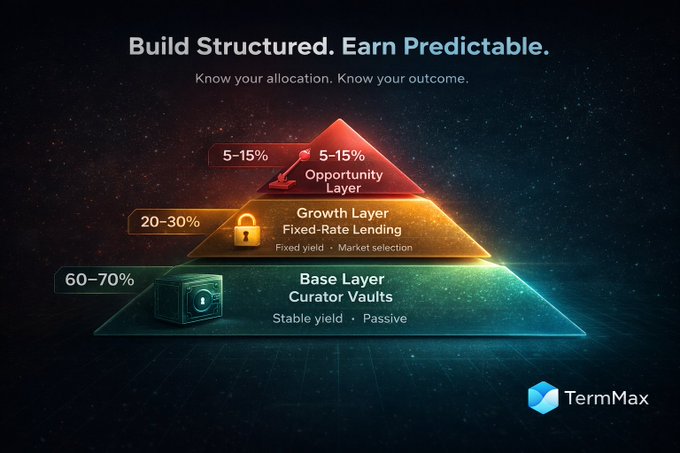 A TermMax promotional graphic titled 'Build Structured. Earn Predictable.' featuring a tiered pyramid diagram outlining asset allocation: Base Layer Curator Vaults (60-70%), Growth Layer Fixed-Rate Lending (20-30%), and Opportunity Layer (5-15%).